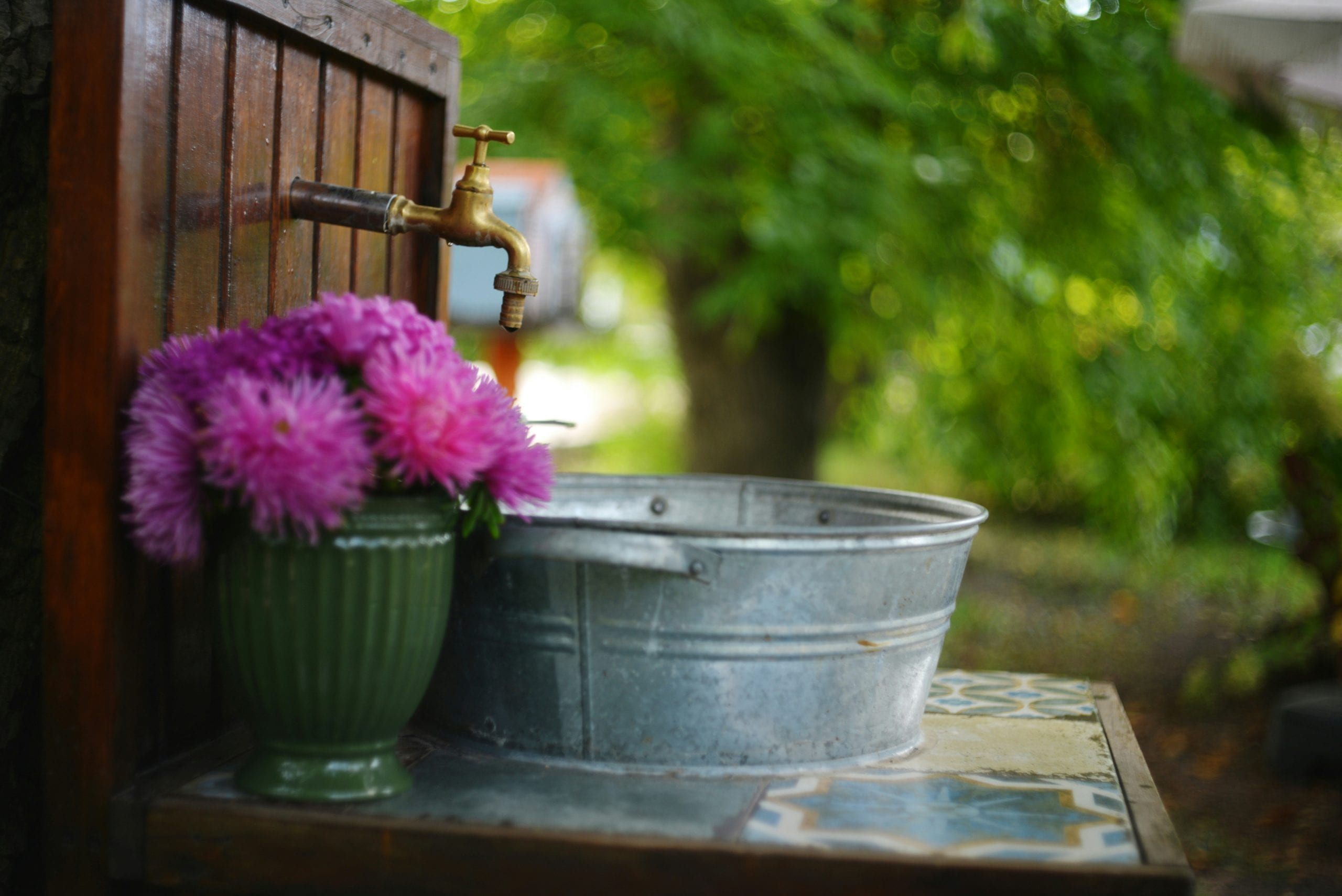 Draußen Waschbecken mit Blumen