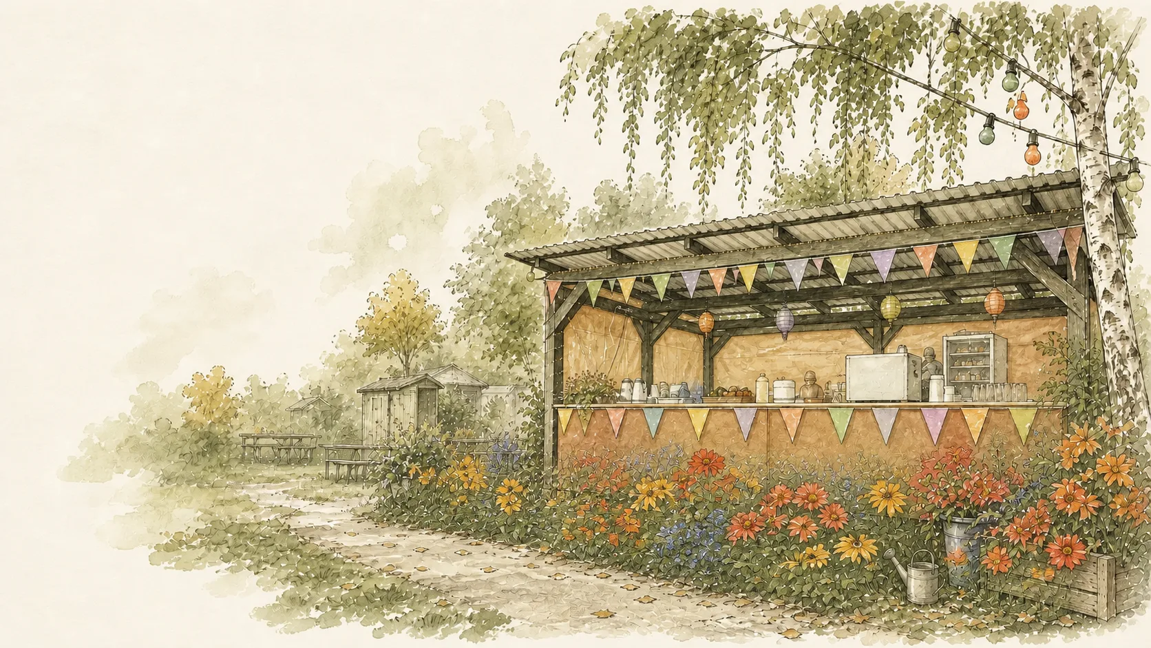Geschmückter Festplatz mit Bühne und Sitzbänken
