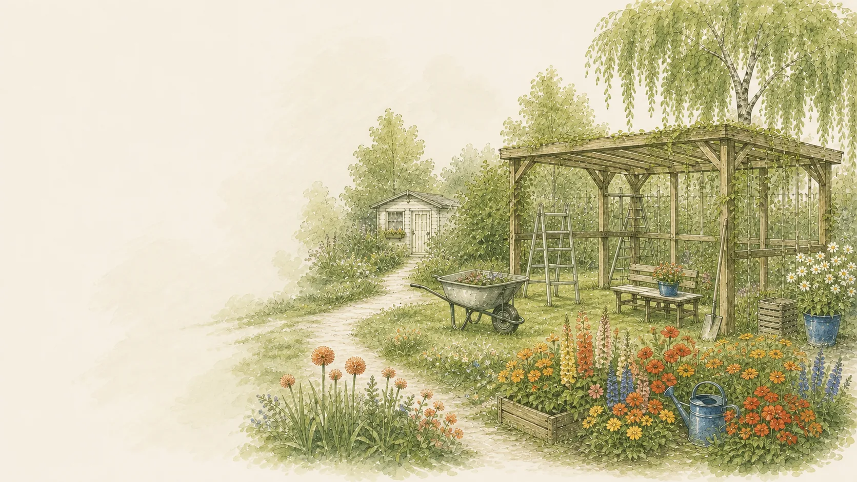 Gartenweg zwischen gepflegten Beeten und Lauben