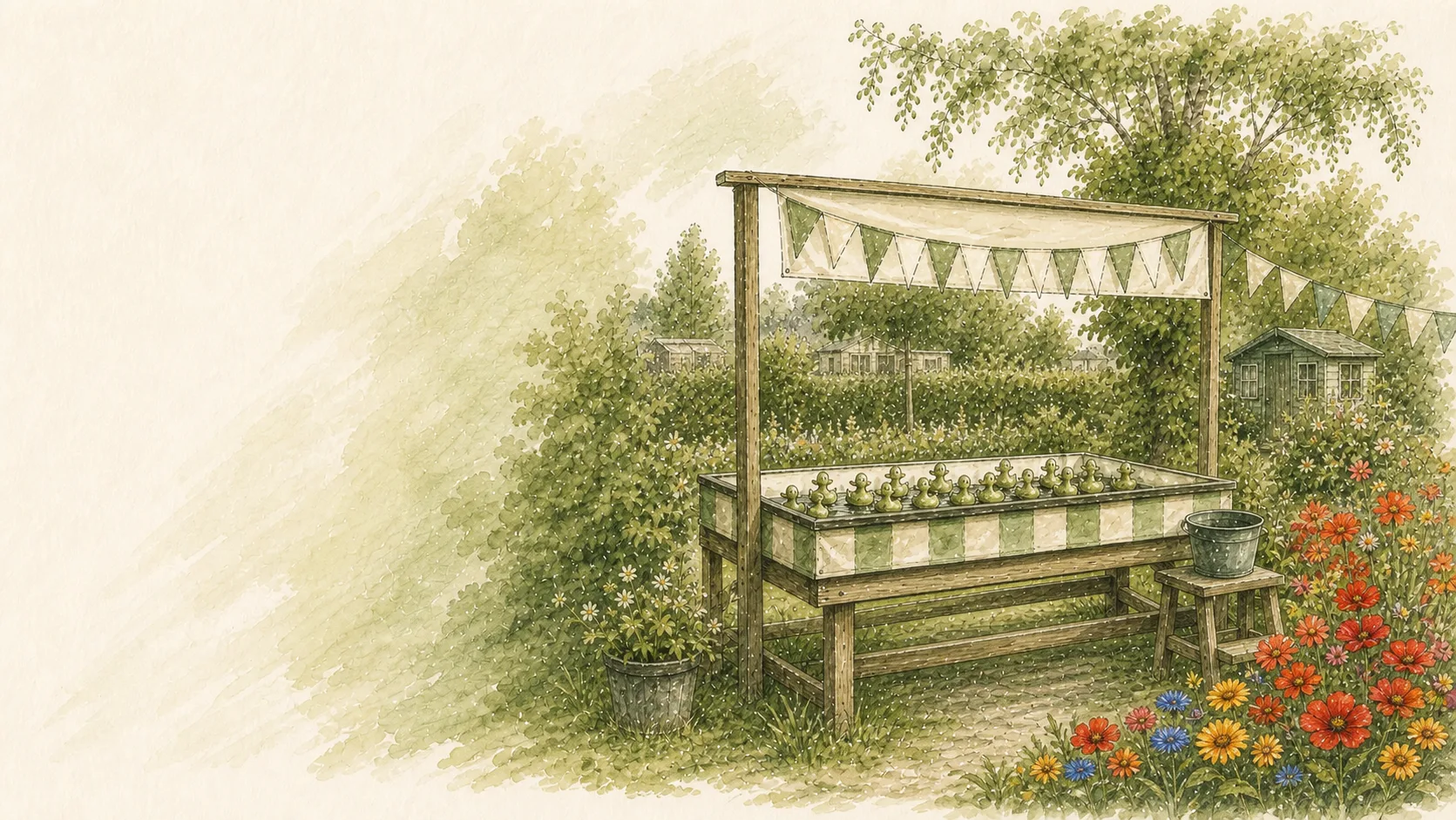 Mit Wimpeln geschmückte Gartenbank für ein Kinderfest