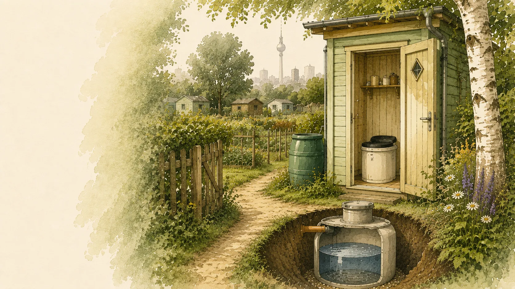 Aquarellillustration einer geöffneten Abwasseranlage neben einem Gartenhaus in einer Berliner Kleingartenkolonie, mit mehr Freiraum links, im Hintergrund der Fernsehturm