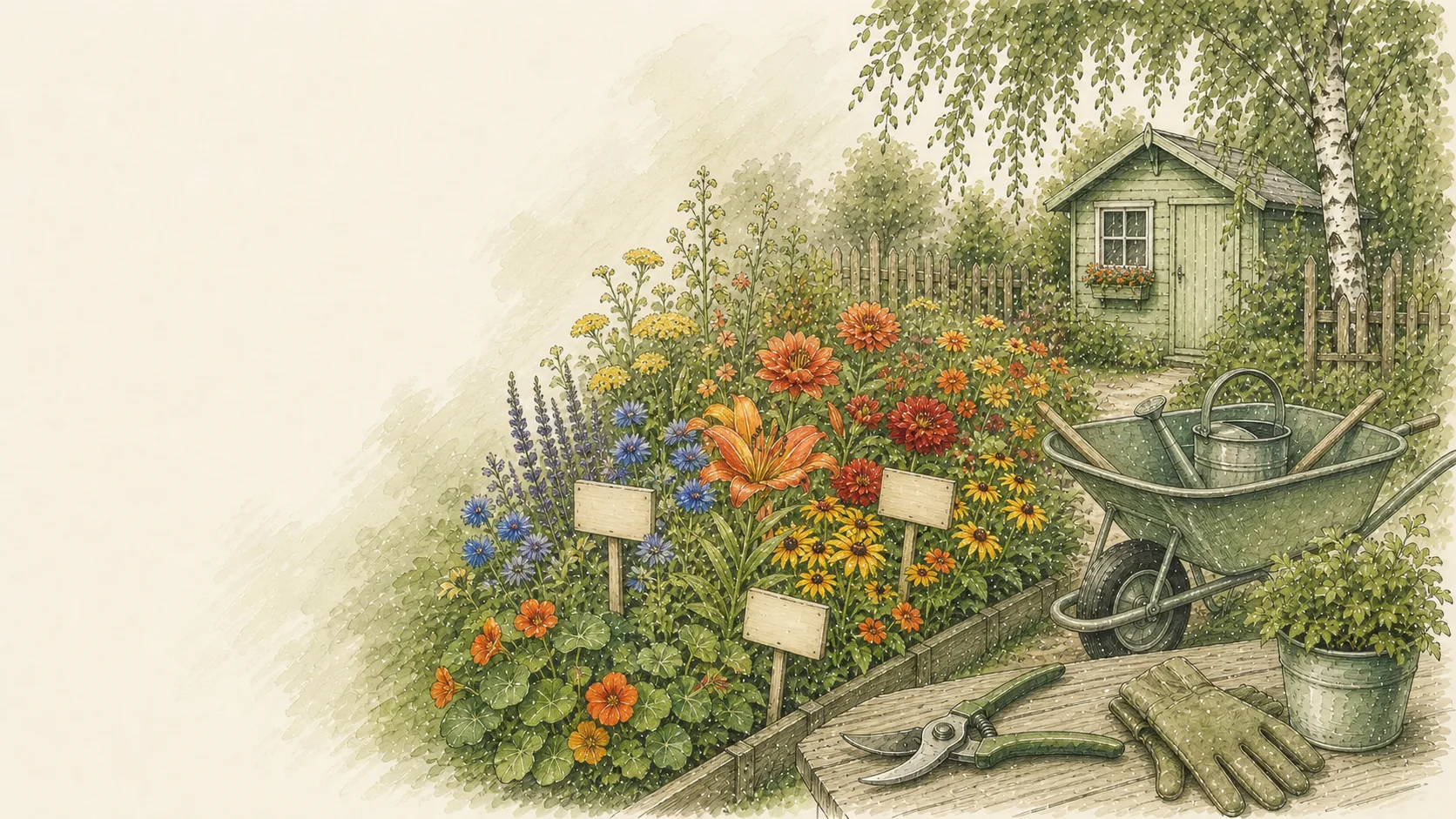 Gartenbeete mit Pflanzen, Hinweisschildern und Gartengeräten