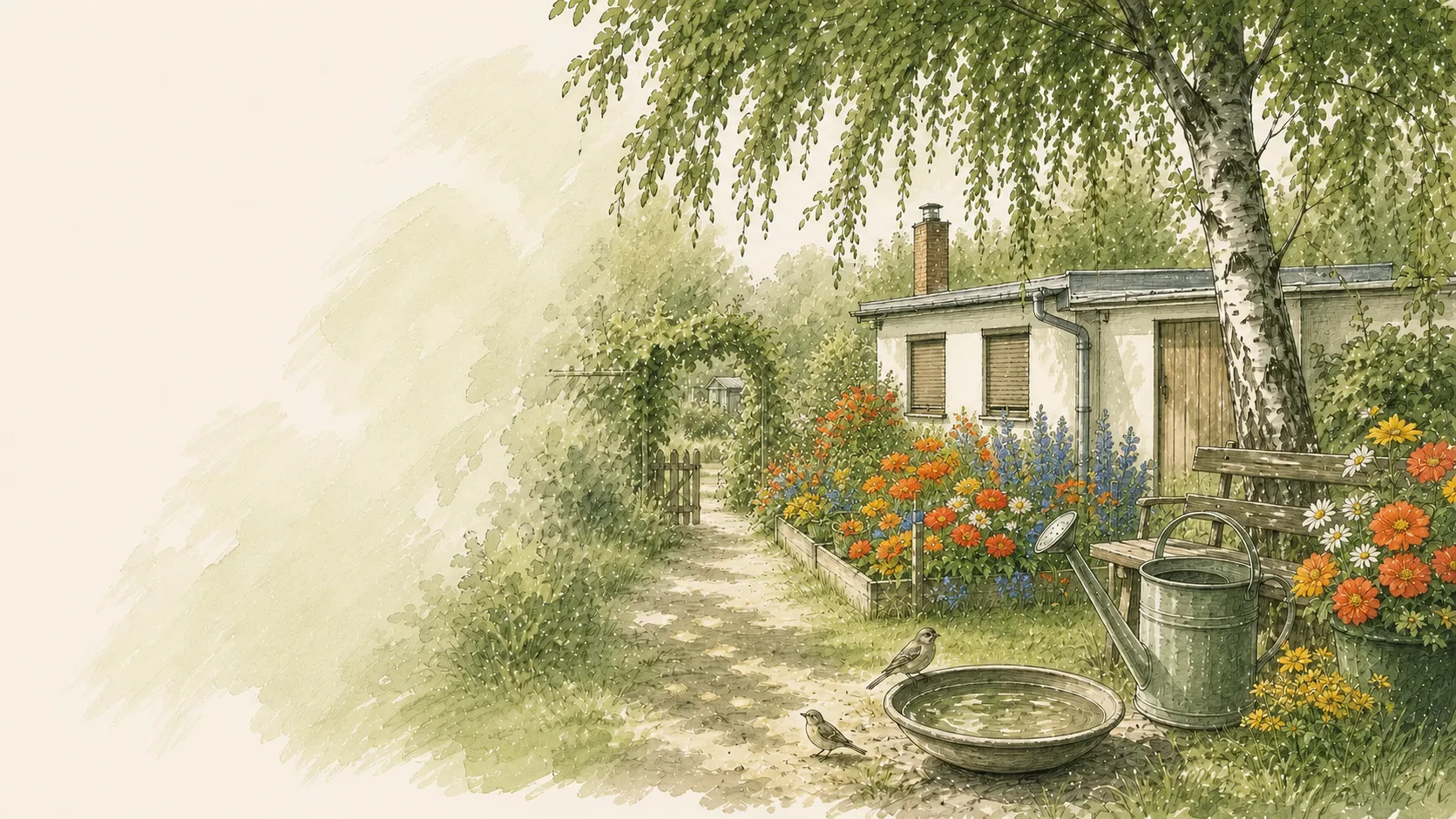 Bewachsene Gartenlaube an einem schattigen Weg