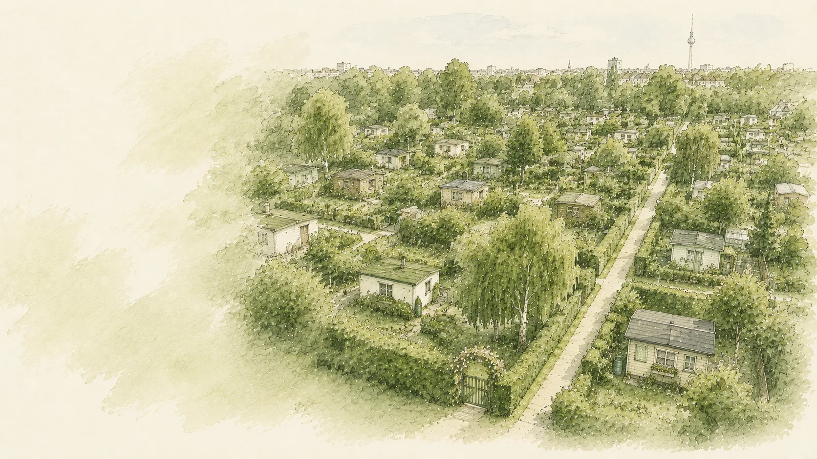 Aquarellansicht der Kleingartenkolonie Ewige Heimat mit Gartenlauben und begrünten Parzellen
