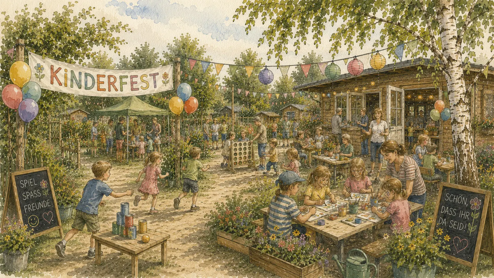 Aquarell: Kinderfest der KGA Ewige Heimat mit spielenden Kindern, Wimpelketten und Luftballons