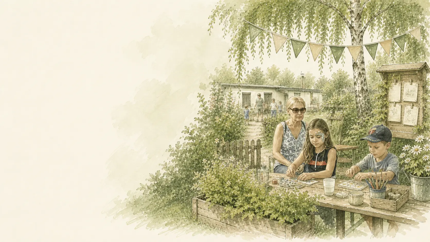 Gartenfreunde sitzen gemeinsam an Tischen bei einem Sommerfest