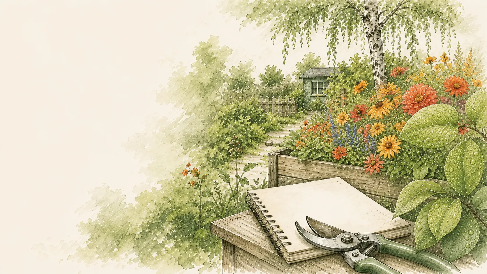 Aufgeschlagenes Notizbuch zwischen Blättern und Gartenpflanzen