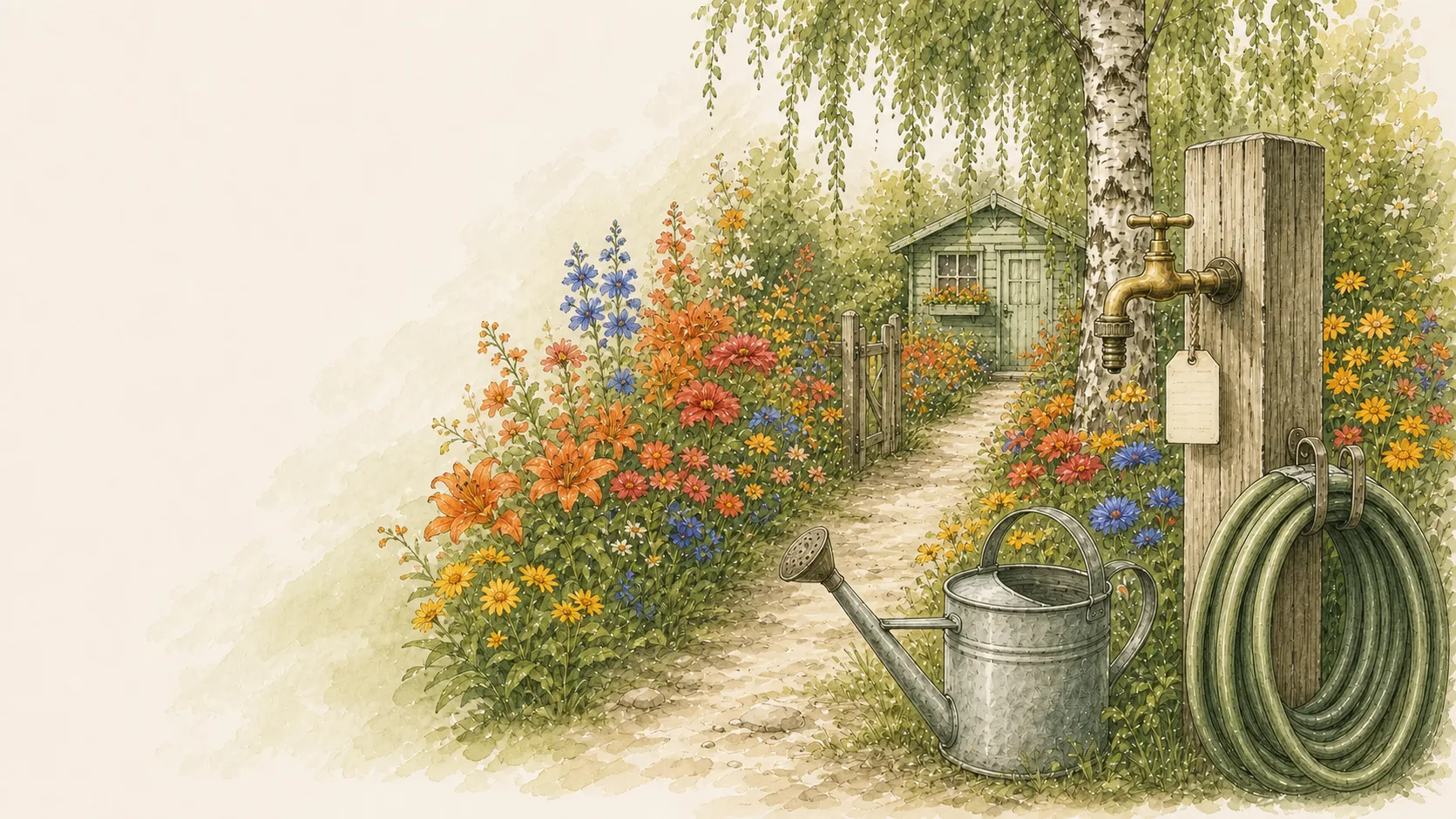 Wasserhahn mit Gartenschlauch, Gießkanne und Eimer