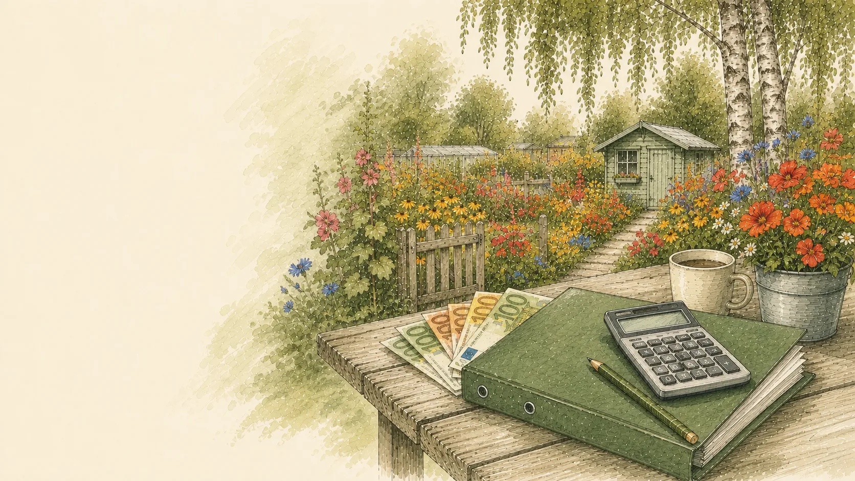 Kassenbuch, Taschenrechner, Geld und Belege auf einem Gartentisch