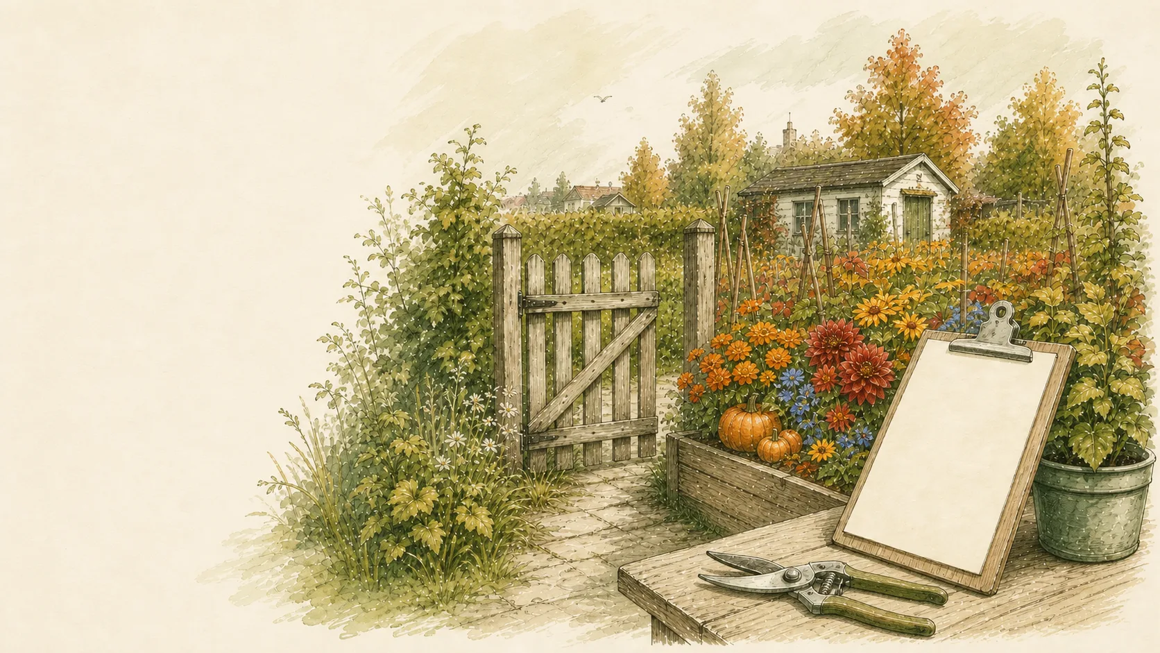 Gartentor mit Kürbissen, Herbstlaub und Schreibunterlagen
