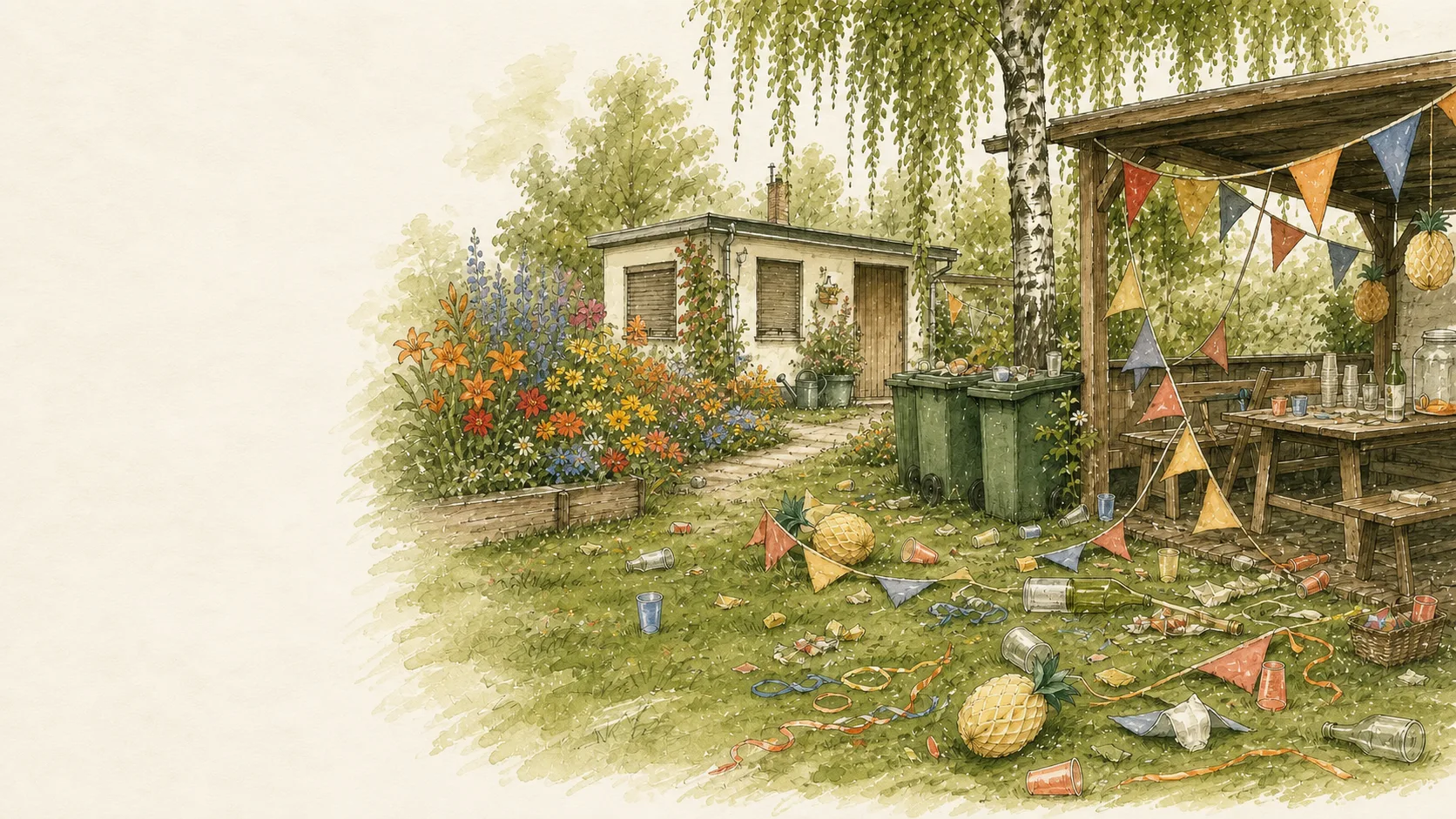 Überfüllter und beschädigter Freisitz vor einer Gartenlaube