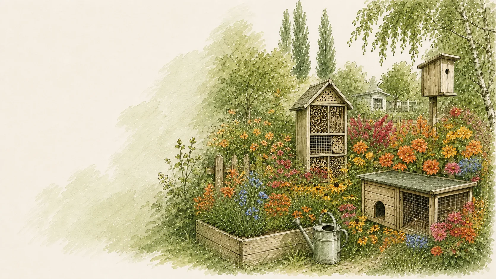 Mehrere Nistkästen und Insektenhilfen zwischen Gartenpflanzen