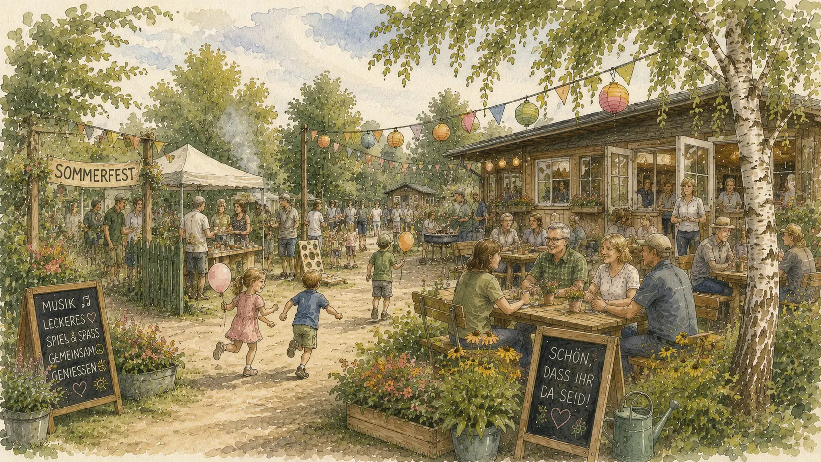 Aquarell: Sommerfest der KGA Ewige Heimat mit Gästen an Biertischen und Grillstand vor dem Vereinshaus