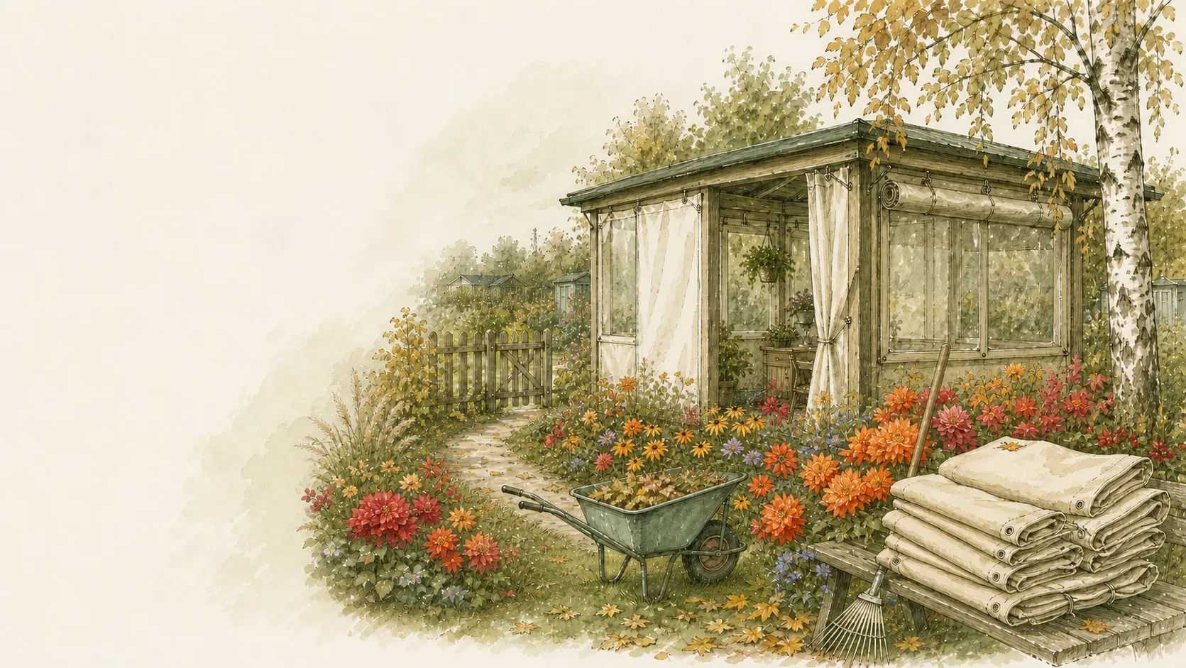 Geschlossene Gartenlaube mit gestapelten Brettern und Herbstlaub