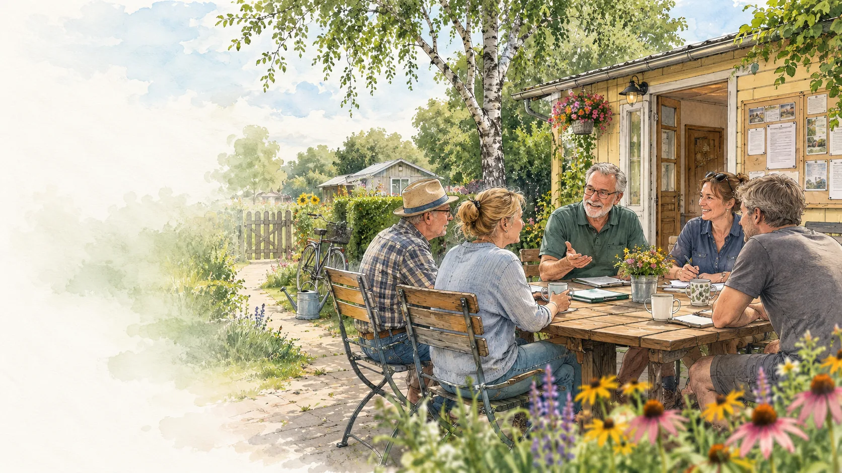 Aquarell: Vorstandssprechstunde der KGA Ewige Heimat am Gartentisch vor dem Vereinshaus